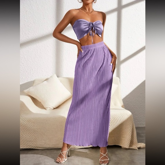 Mile High Clozet Dresses & Skirts - *Natie Shirred Back Drawstring Ruched Front Crop Tube Top & Plisse Skirt Set